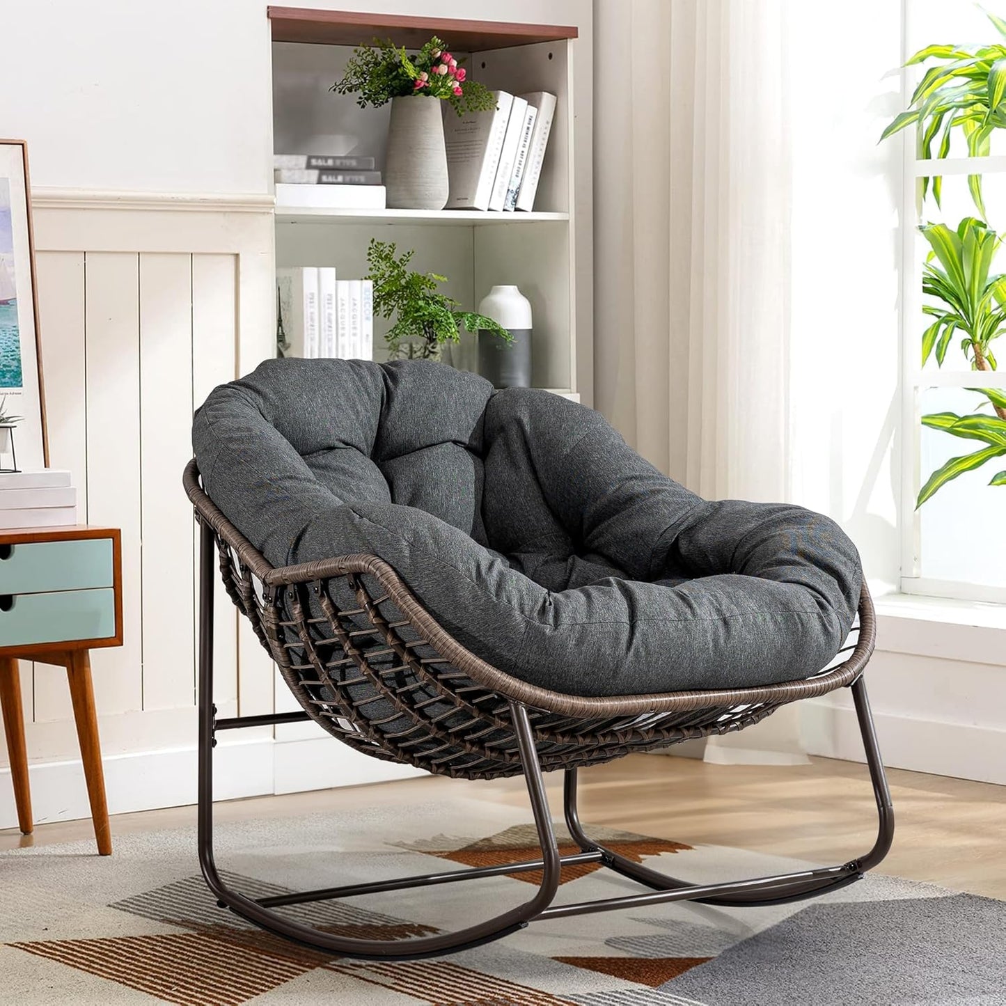 Oversized Rocking Papasan Chair – Plush Cushion & Durable Wicker
